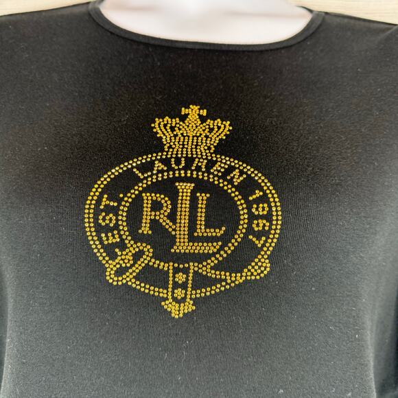 VTG Lauren Ralph Lauren 1x plus women black rhinestone sequin logo blouse knit - Picture 3 of 7